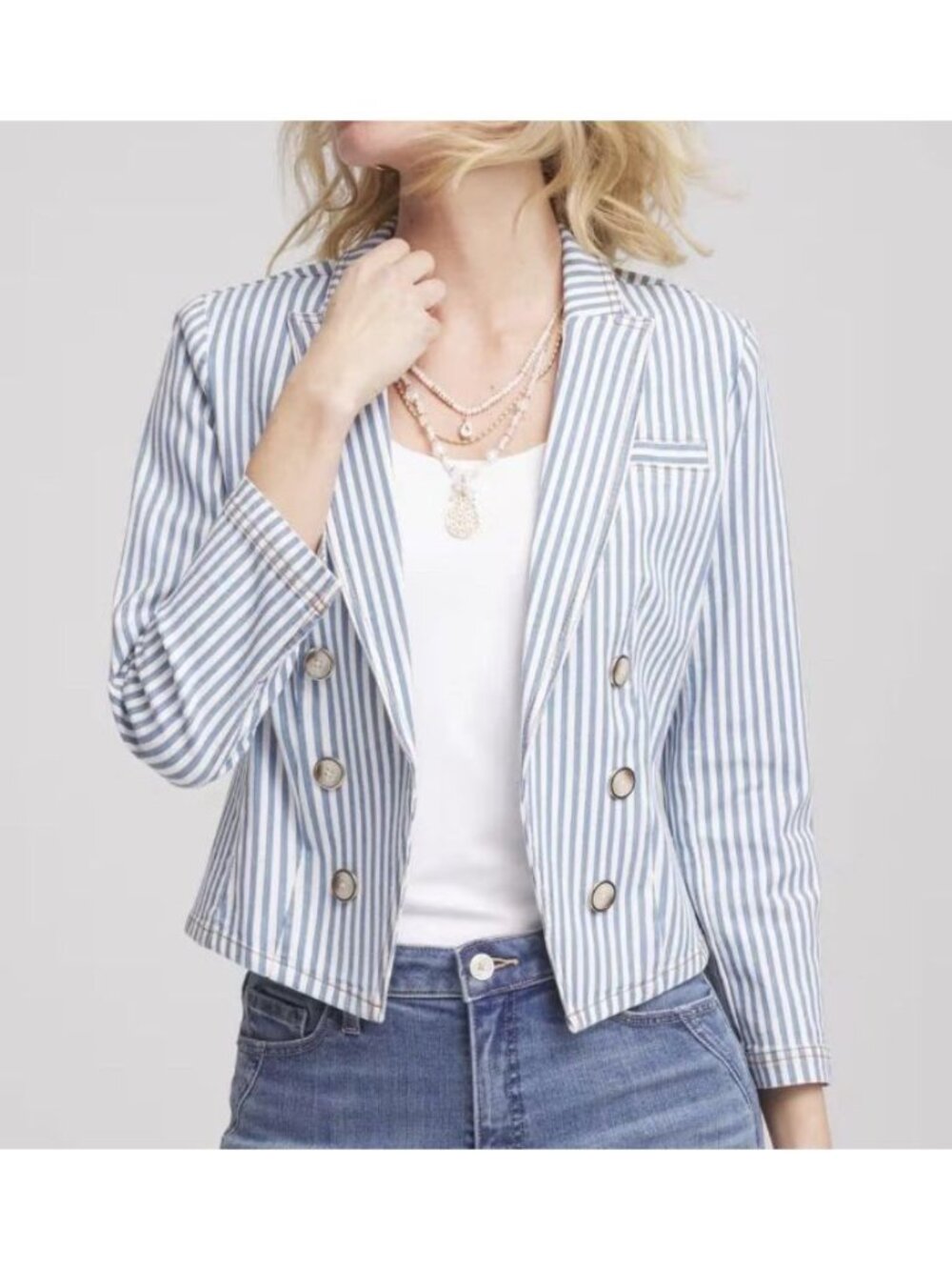 Chicos Open Front Denim Jacket Womens 1/Medium Blue White Striped Classic Fit - Picture 2 of 13